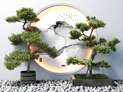 Serene Pine Bonsai Trees Display With Round Ink Painting Backdrop Flying Birds And Pebble Ground 3d model