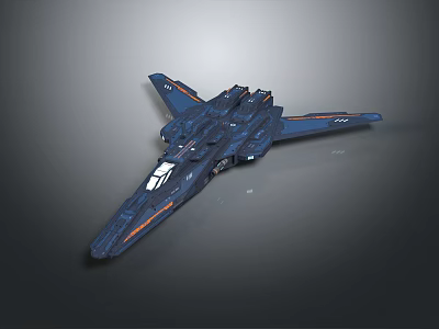 Detailed Deep Blue Sci Fi Spaceship With Orange Accent Lines Streamlined Design And Weapon Modules 3d model