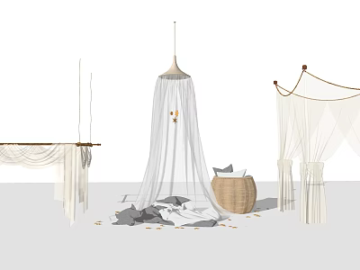 Modern White Sheer Bed Canopy With Wooden Top And Decorative Pillows 3d model