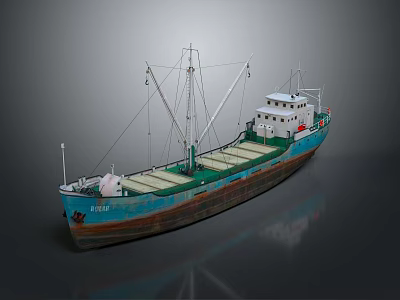 Vintage Wooden Boat With Blue Hull Green Deck Mast Crane And White Cabin 3d model
