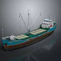 Vintage Wooden Boat With Blue Hull Green Deck Mast Crane And White Cabin