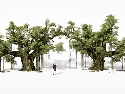 Majestic Large Trees With Lush Green Foliage And Hanging Aerial Roots Featuring Human Figure 3d model