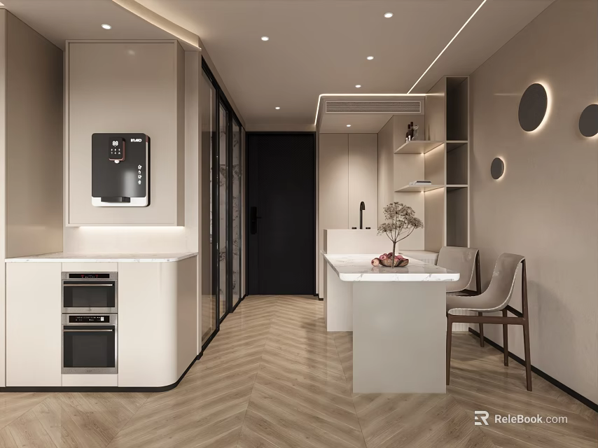 Modern Restaurant Interior With Open Kitchen Embedded Appliances Dining Table And Herringbone Flooring 3d model