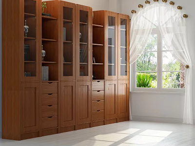 Wooden Bookcase With Glass Doors And Drawers In Bright Room By Window With Sunlight 3d model