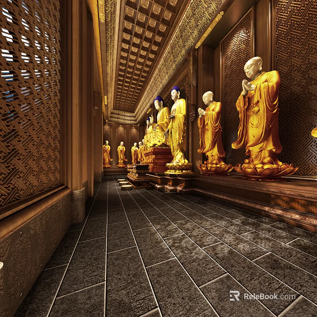Golden Buddha Sculptures Arranged Along Temple Corridor With Carved Walls 3d model 