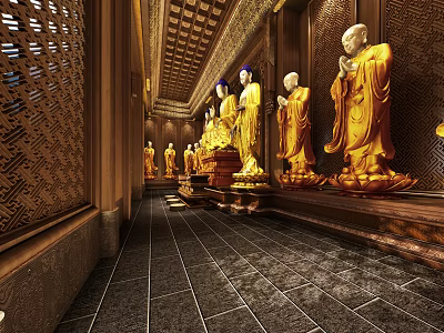 Golden Buddha Sculptures Arranged Along Temple Corridor With Carved Walls 3d model