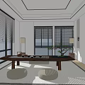 Chinese Style Private Dining Room With Round Table Tableware And Landscape Paintings 3d model