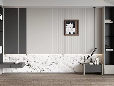 Modern Bedroom Accent Wall With White Marble Texture Decorative Painting Storage Cabinets And Table Lamp 3d model