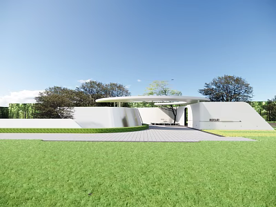 Modern White Entrance Gate With Circular Roof Green Lawn And Gray Tile Pavement 3d model
