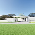 Modern White Entrance Gate With Circular Roof Green Lawn And Gray Tile Pavement