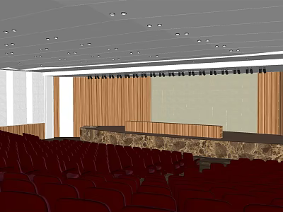 Spacious Conference Room With Red Seats Platform Wooden Curtains Projection Screen And Ceiling Lights 3d model