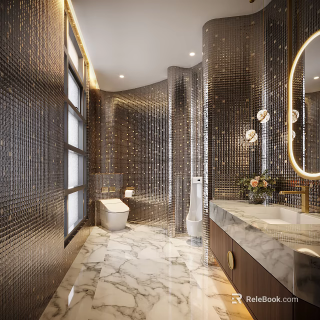 Modern Hotel Bathroom Interior With Glittering Mosaic Wall Tiles Round Mirror And Marble Flooring 3d model 
