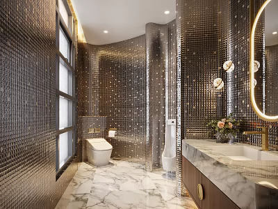 Modern Hotel Bathroom Interior With Glittering Mosaic Wall Tiles Round Mirror And Marble Flooring 3d model