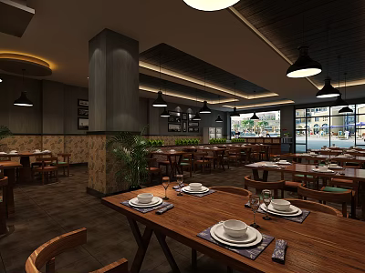 Cozy Restaurant Interior With Wooden Tables White Tableware Pendant Lights And Green Plants 3d model