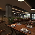 Cozy Restaurant Interior With Wooden Tables White Tableware Pendant Lights And Green Plants