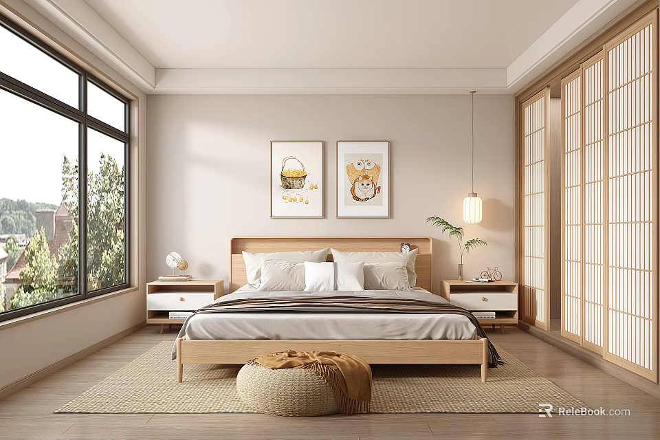 Scandinavian Bedroom With Wooden Bed Frame Wall Art Nightstands Large Windows And Natural Light 3d model 