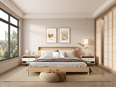 Scandinavian Bedroom With Wooden Bed Frame Wall Art Nightstands Large Windows And Natural Light 3d model