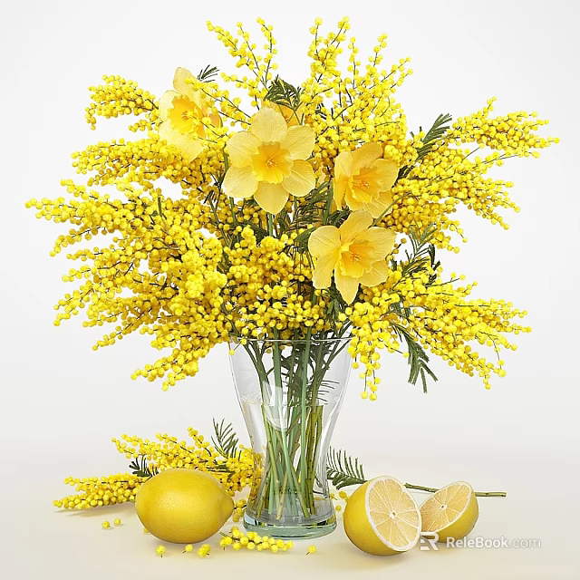 Decorative Ornament Set With Yellow Flowers In Transparent Glass Vase And Lemons 3d model 