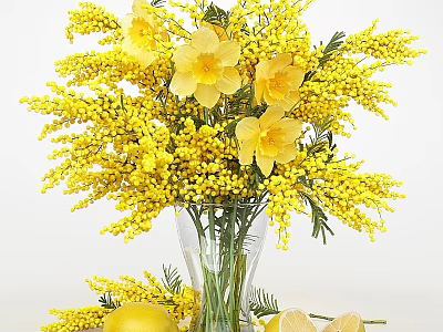 Decorative Ornament Set With Yellow Flowers In Transparent Glass Vase And Lemons 3d model