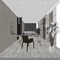 Elegant Modern Restaurant Interior With Wooden Shelves Marble Table Black Chair And Green Plants