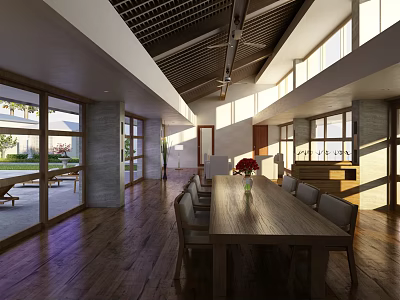 Spacious Restaurant Interior With Long Wooden Table Natural Light And Large Windows 3d model