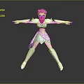 Game Movie Character With Pink Short Hair Green White Armor Costume Standing Pose Arms Outstretched