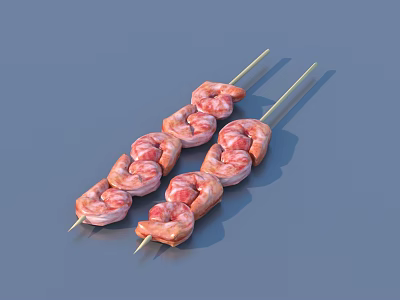 Appetizing Fresh Pink Raw Shrimp Skewers On Bamboo Sticks Ready To Cook 3d model