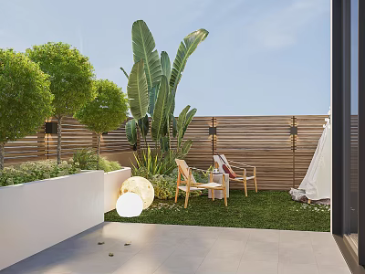 Serene Garden Landscape With Lush Green Plants Wooden Fence And Outdoor Chairs 3d model