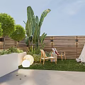 Serene Garden Landscape With Lush Green Plants Wooden Fence And Outdoor Chairs