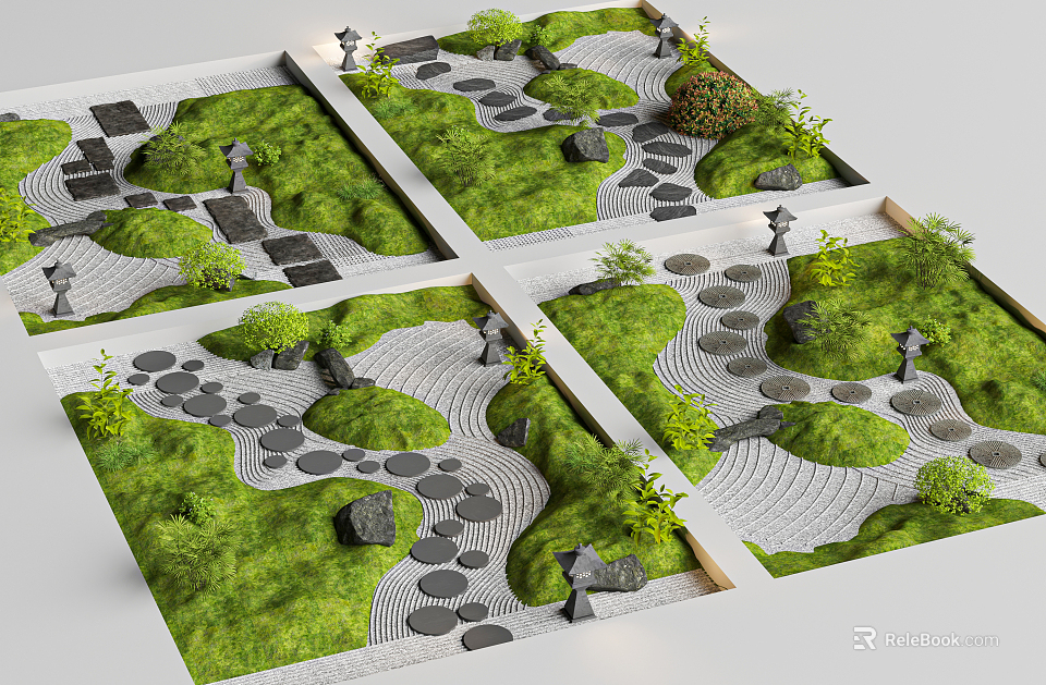 Traditional Japanese Zen Garden Design With Square Sections Green Lawns Stone Pathways And Lanterns 3d model 
