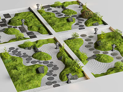Traditional Japanese Zen Garden Design With Square Sections Green Lawns Stone Pathways And Lanterns 3d model