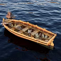 Wooden Boat Floating On Calm Sea Water With Buoy And Ripples On Surface
