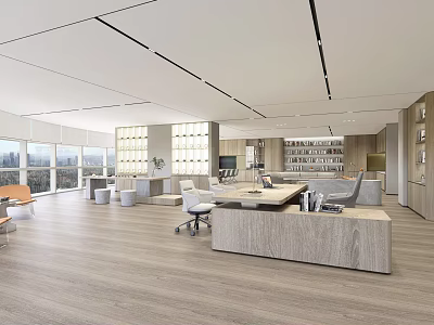 Modern Open Concept Office Interior With Large Windows Wooden Flooring And Desks 3d model