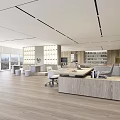 Modern Open Concept Office Interior With Large Windows Wooden Flooring And Desks