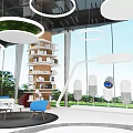 Modern Indoor Learning Space With Bookshelves Round Table Blue Ottomans Easel And Green Views