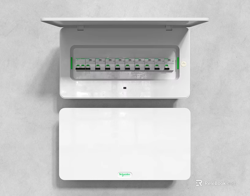 White Electrical Switch Panel Open Distribution Box With Multiple Switches On Gray Wall 3d model 