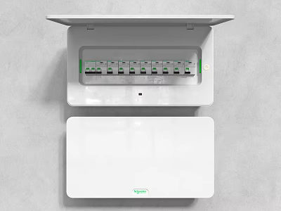 White Electrical Switch Panel Open Distribution Box With Multiple Switches On Gray Wall 3d model