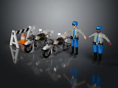 Two Police Officers Standing With Motorcycles Road Barriers And Traffic Cones 3d model