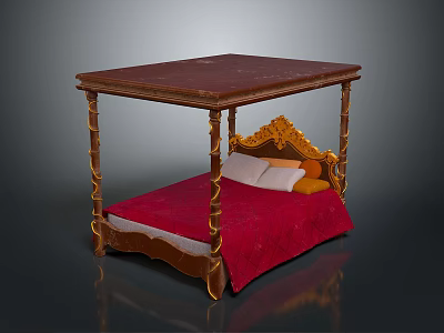 Elegant Canopy Bed With Golden Carved Frame Red Mattress And Pillows 3d model