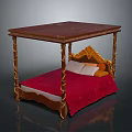 Elegant Canopy Bed With Golden Carved Frame Red Mattress And Pillows
