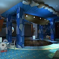 Stylish Bar Interior Design With Blue Wavy Ceiling Decorative Columns Round Tables And Cozy Chairs