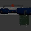Rusted Blue Pipe With Red Valve Green Square Box With Wheels On Gray Base