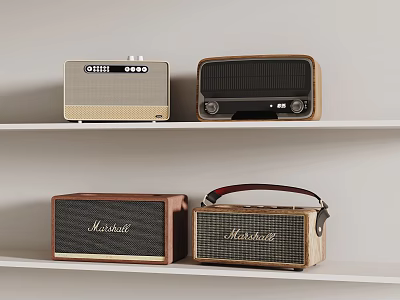 Vintage Decorative Ornament Set with Retro Radios and Marshall Speakers on White Shelves 3d model