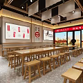 Traditional Restaurant Interior With Wooden Long Tables Stools Wall Decorations And Red Logos