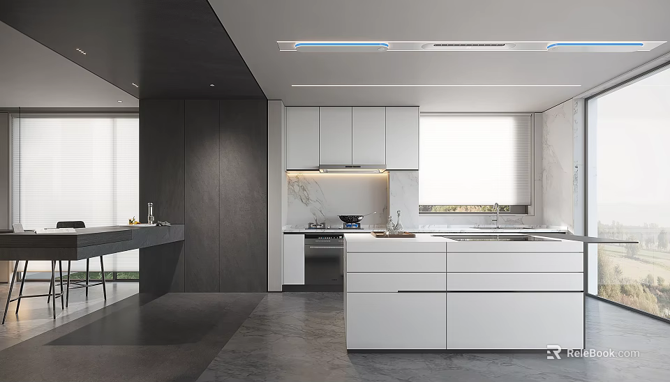 Modern Open Kitchen Interior With Island Counter Cabinets And Appliances 3d model 