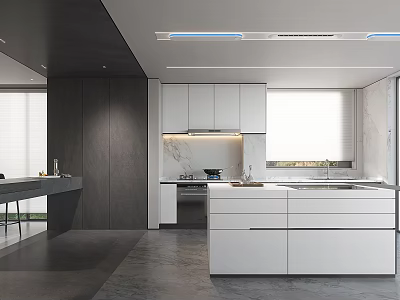 Modern Open Kitchen Interior With Island Counter Cabinets And Appliances 3d model