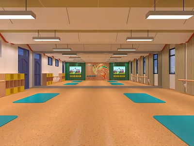 Spacious Fitness Studio With Blue Yoga Mats Bright Lighting And Workout Space 3d model