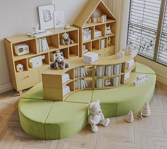 Modern Cream Children's Bookcase Stool Children's Bench Bookshelf Toy Cabinet 3d model