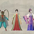Traditional Chinese Costumes Worn By Three Figures With Colorful Robes And Historical Designs