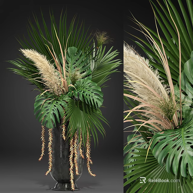 Lush Decorative Plant Arrangement With Monstera Palm Leaves And Pampas Grass And Hanging Elements 3d model 